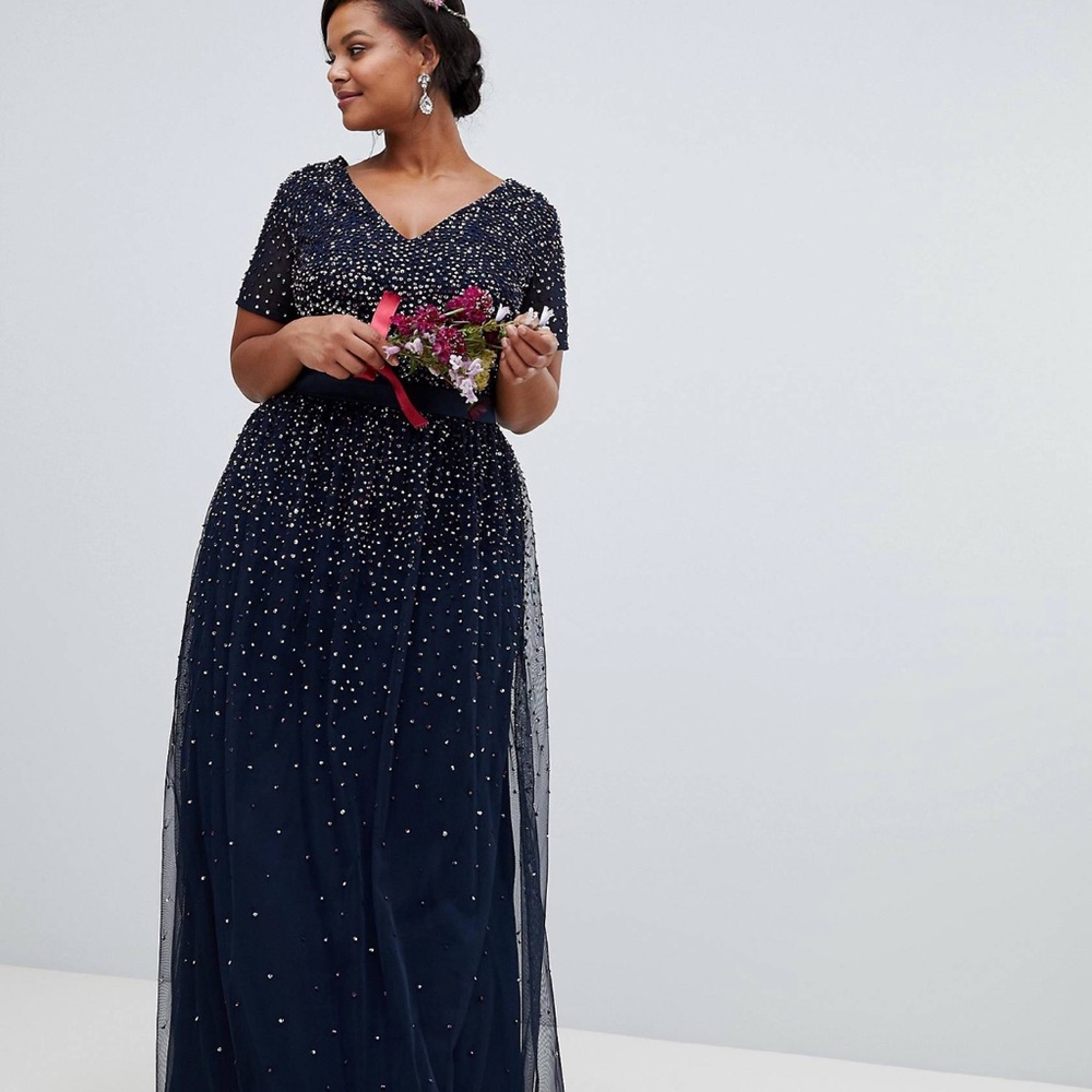 Maya Plus V-Neck Maxi Tulle Dress with contrast tonal sequins in Navy
